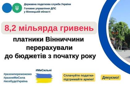 За півроку платники Вінниччини сплатили понад 8,2 мільярда гривень податків 