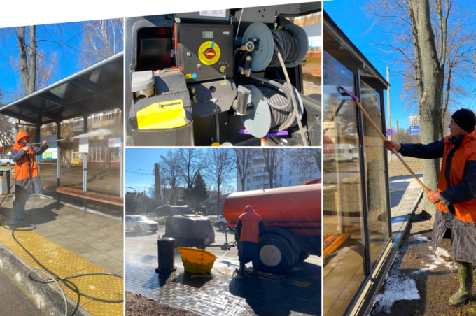 У Вінниці розпочали прибирання зупинок громадського транспорту за допомогою мобільної мийки