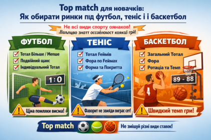 Top match для новачків: як обирати ринки під вид спорту, футбол, теніс, баскет і де найчастіше помиляються